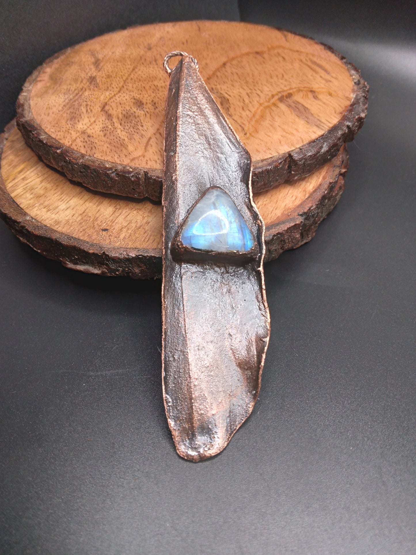 Feather with Moonstone gemstone copper pendant.