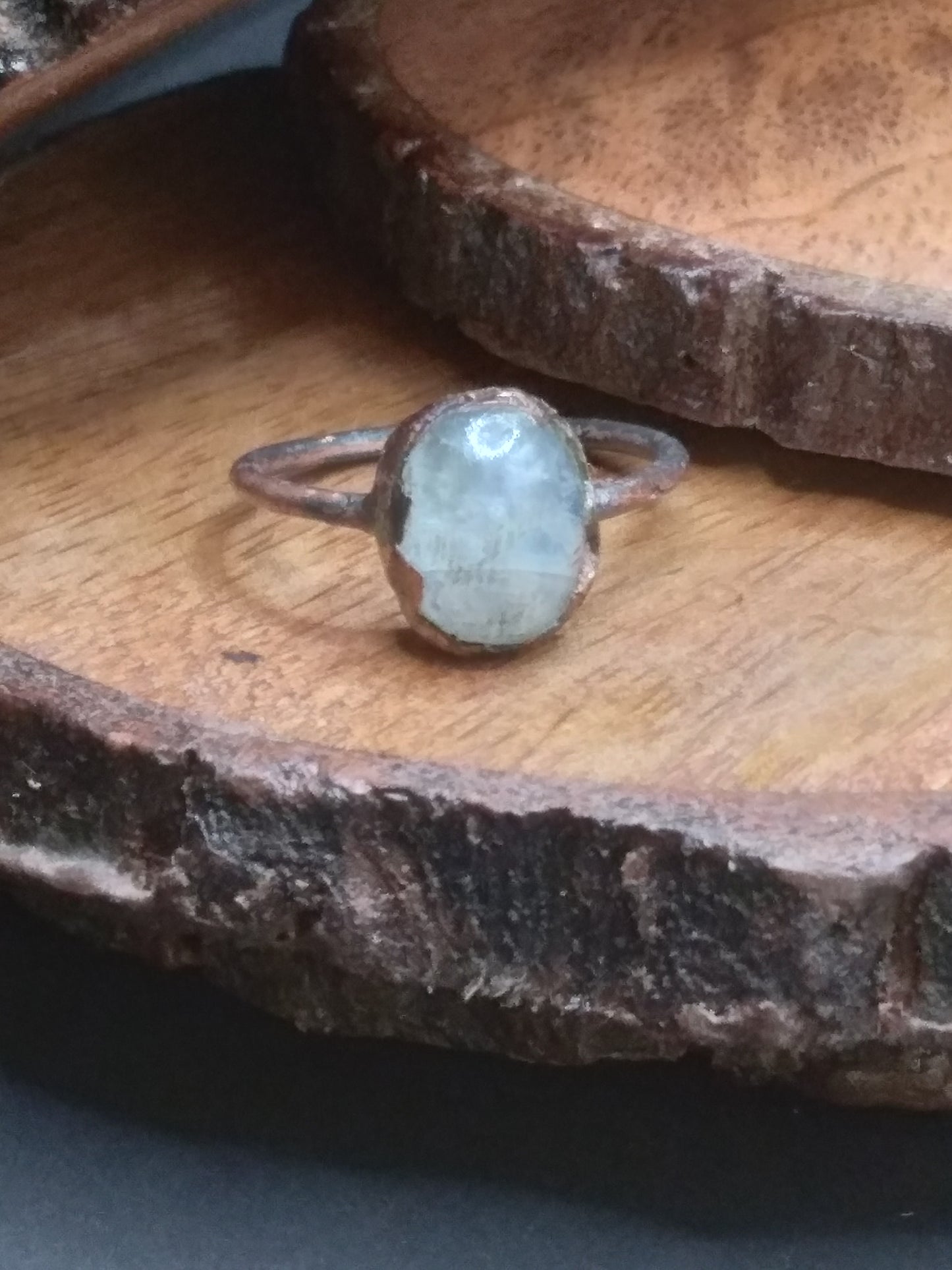 Moonstone with flash copper ring size 6