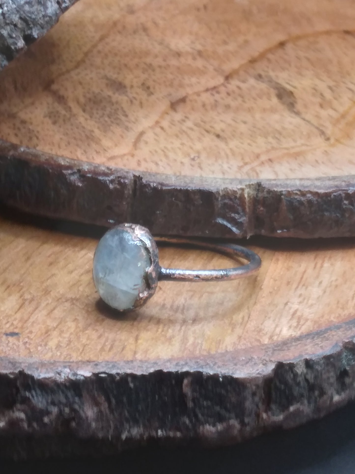 Moonstone with flash copper ring size 6