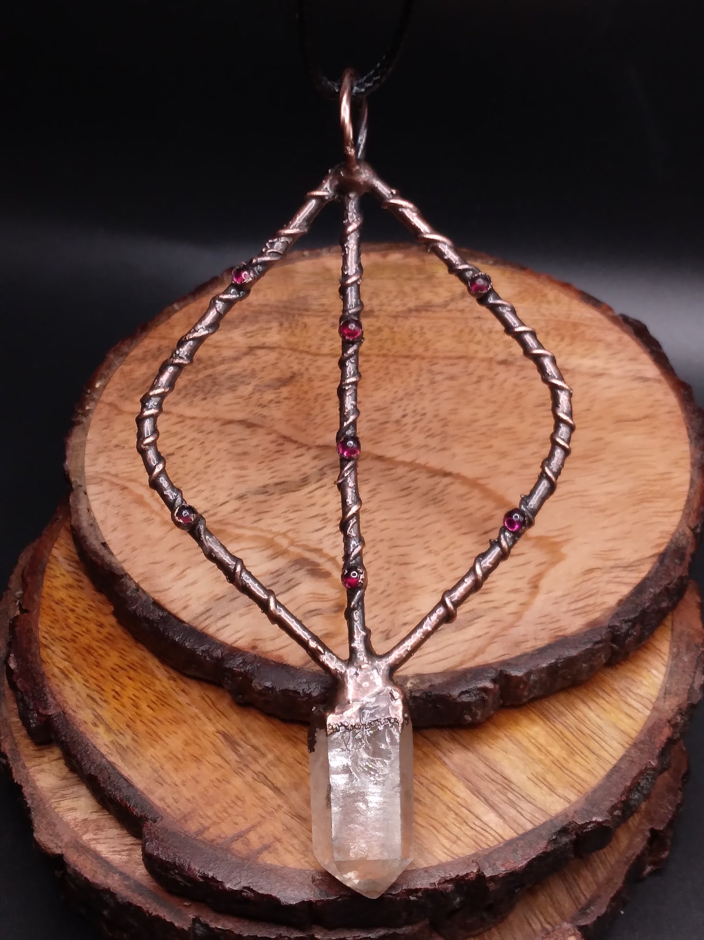 Crystal Quartz point with Garnet pendant necklace