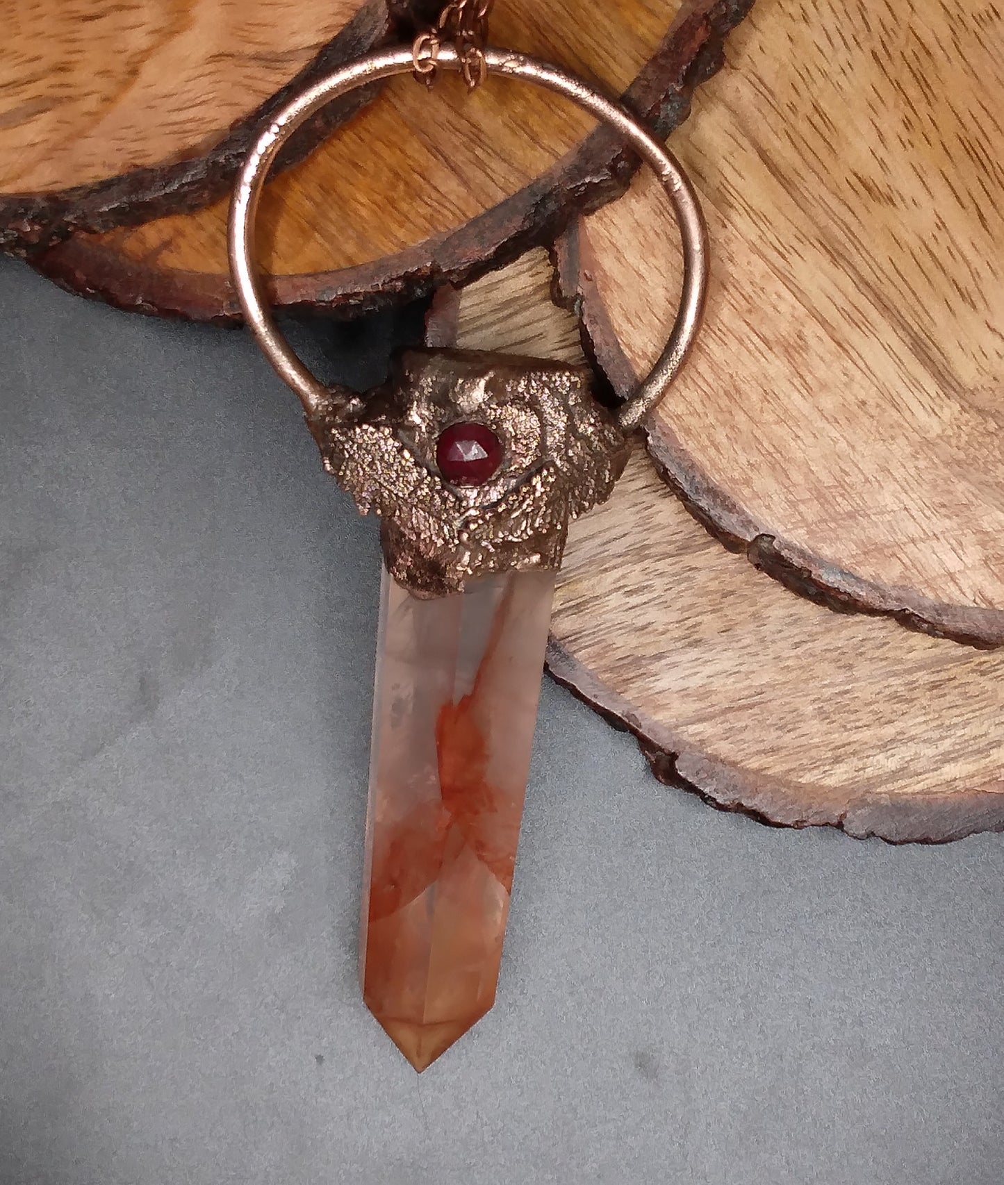 Hematoid Quartz (Fire Quartz) with Garnet with real Fern Leafs cooper pendant necklace