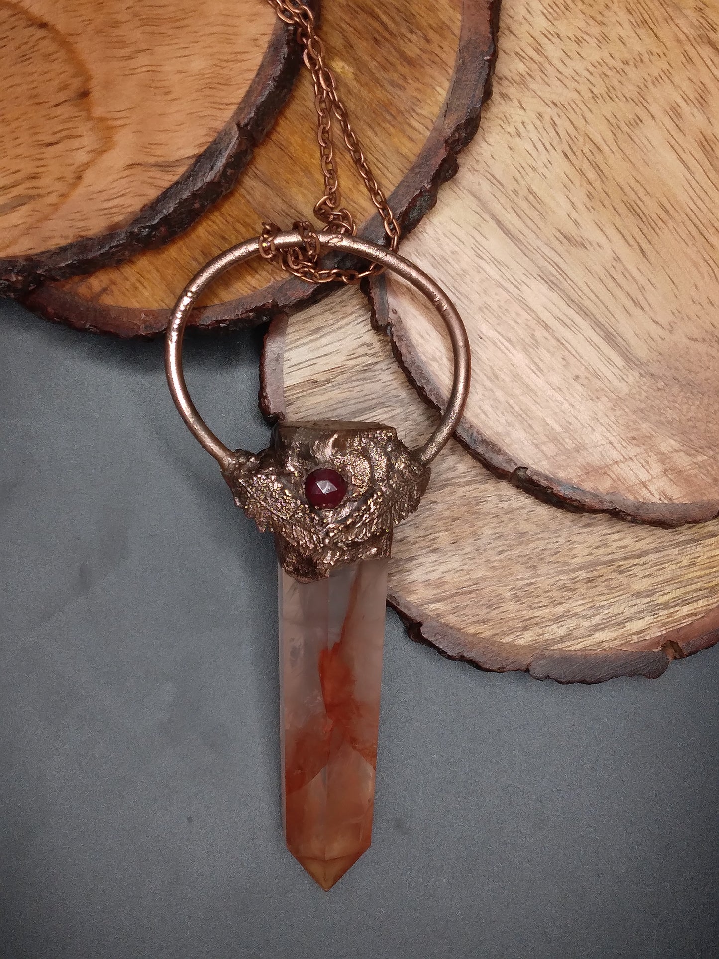 Hematoid Quartz (Fire Quartz) with Garnet with real Fern Leafs cooper pendant necklace