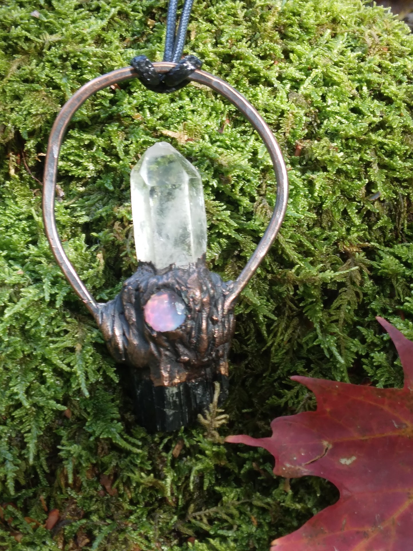 Crystal Quartz point, Aurora Opal, and Black Tourmaline necklace