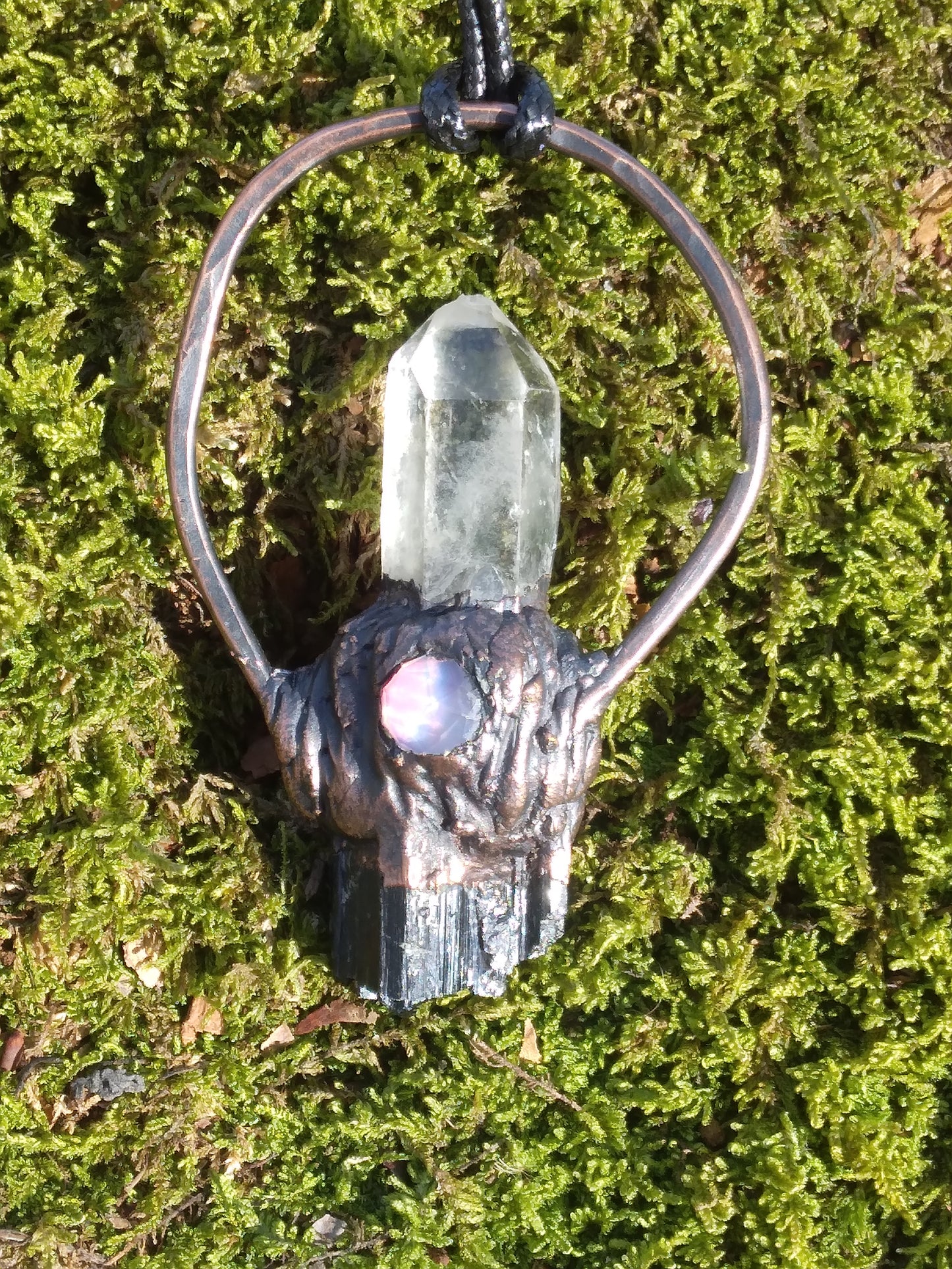 Crystal Quartz point, Aurora Opal, and Black Tourmaline necklace