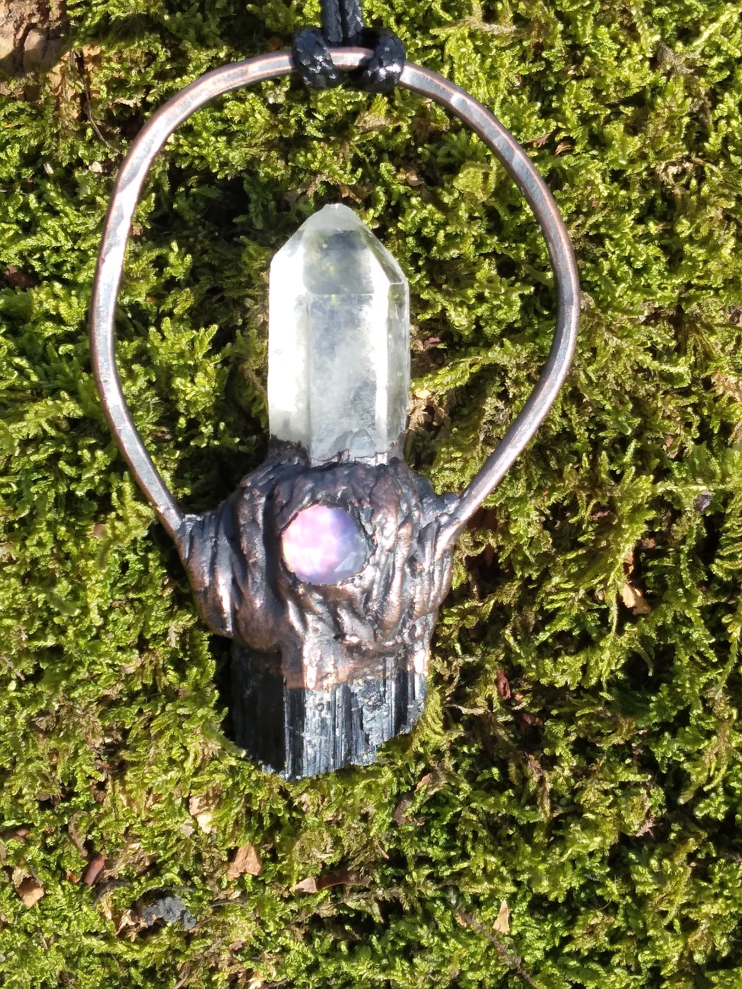 Crystal Quartz point, Aurora Opal, and Black Tourmaline necklace