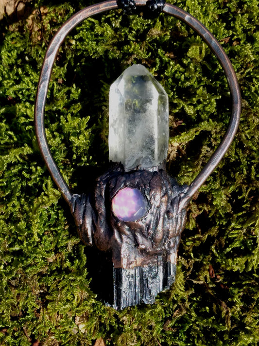 Crystal Quartz point, Aurora Opal, and Black Tourmaline necklace