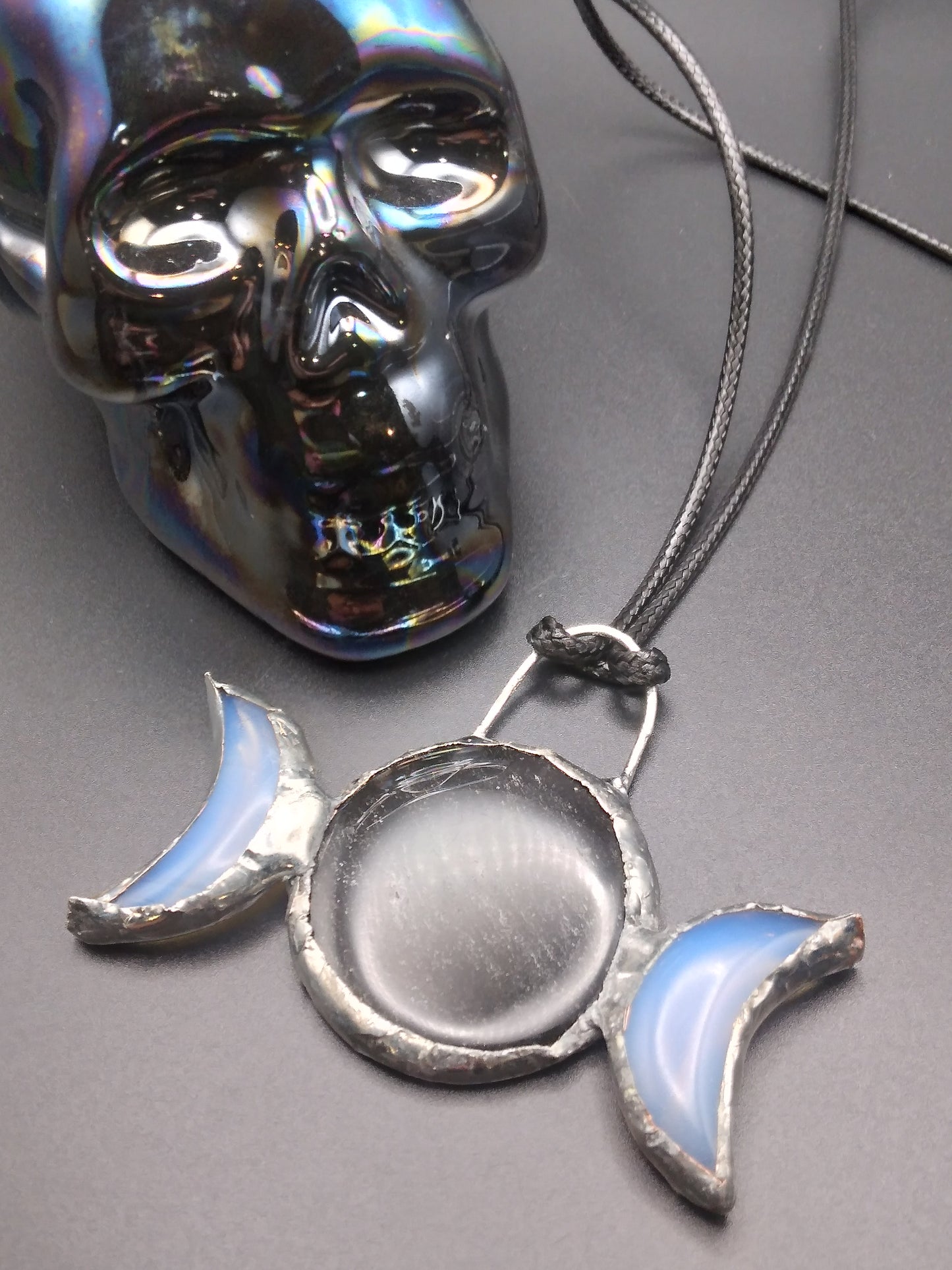 Triple Goddess symbol, Opalite and Sheen Obsidian gemstone pendant necklace