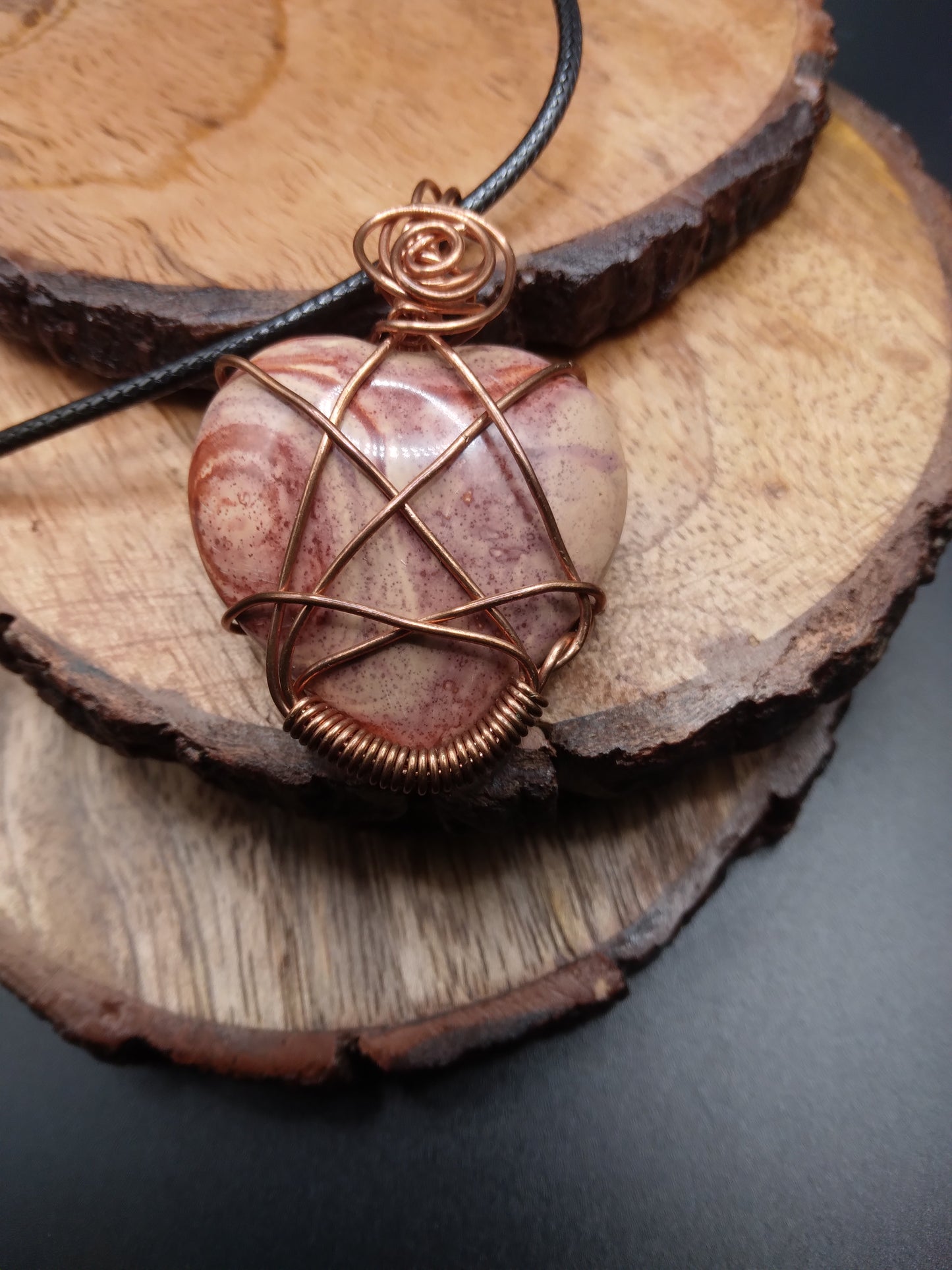 Polychrome Jasper heart shaped wire wrapped necklace