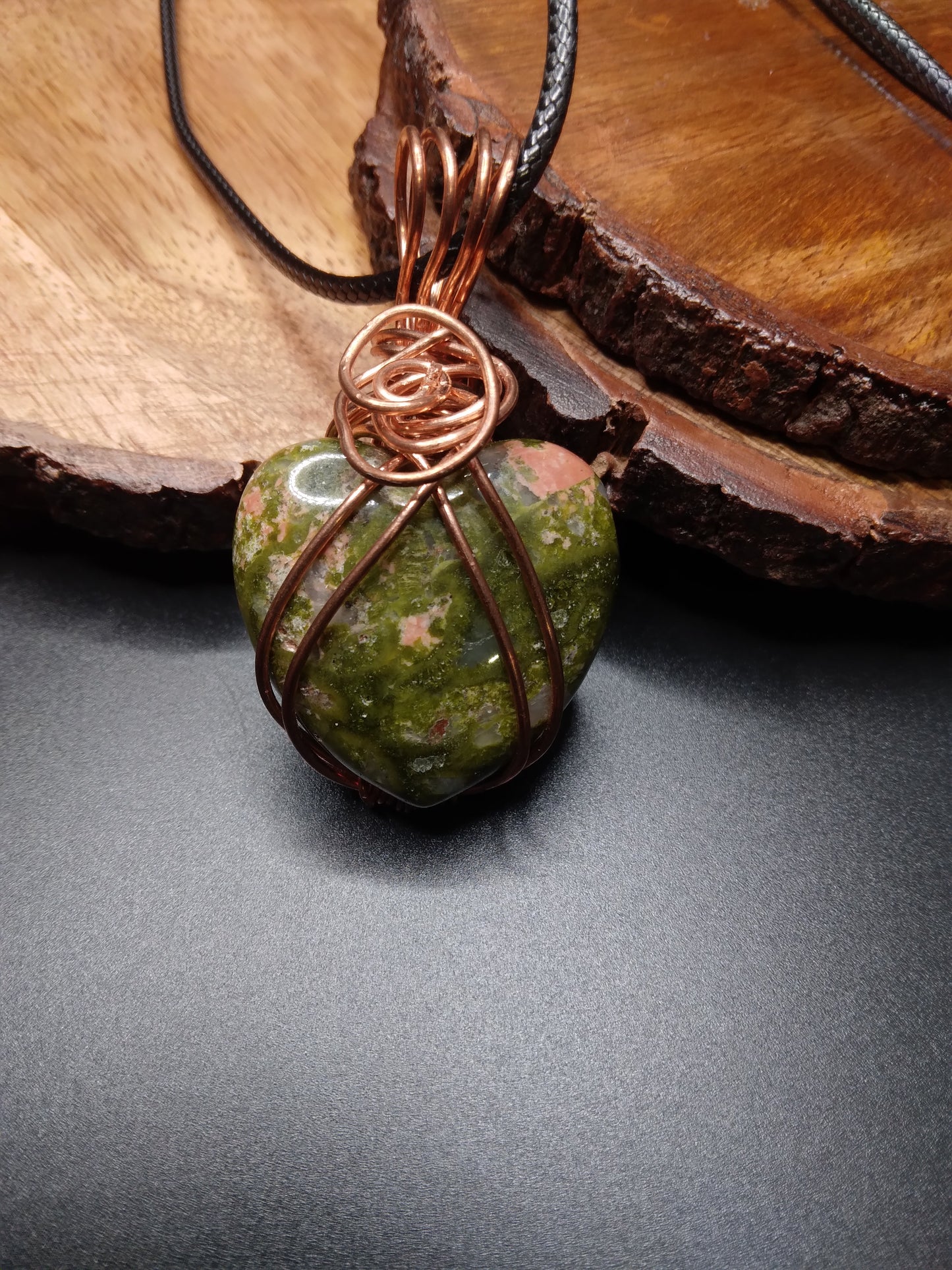 Unakite heart shaped wire wrapped necklace