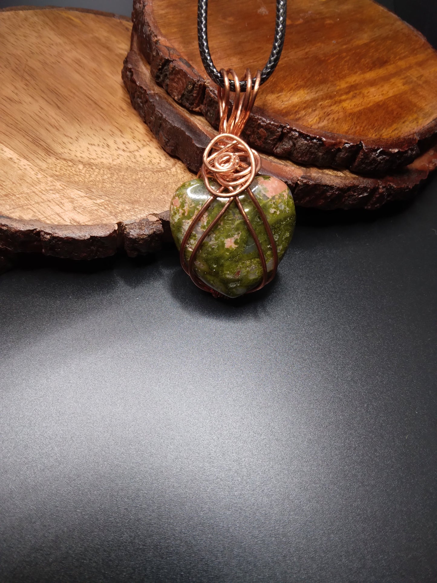 Unakite heart shaped wire wrapped necklace