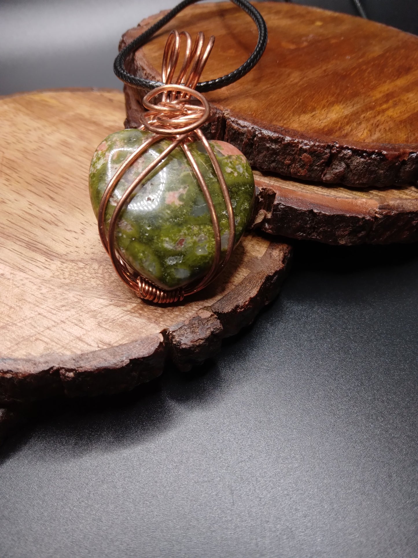 Unakite heart shaped wire wrapped necklace