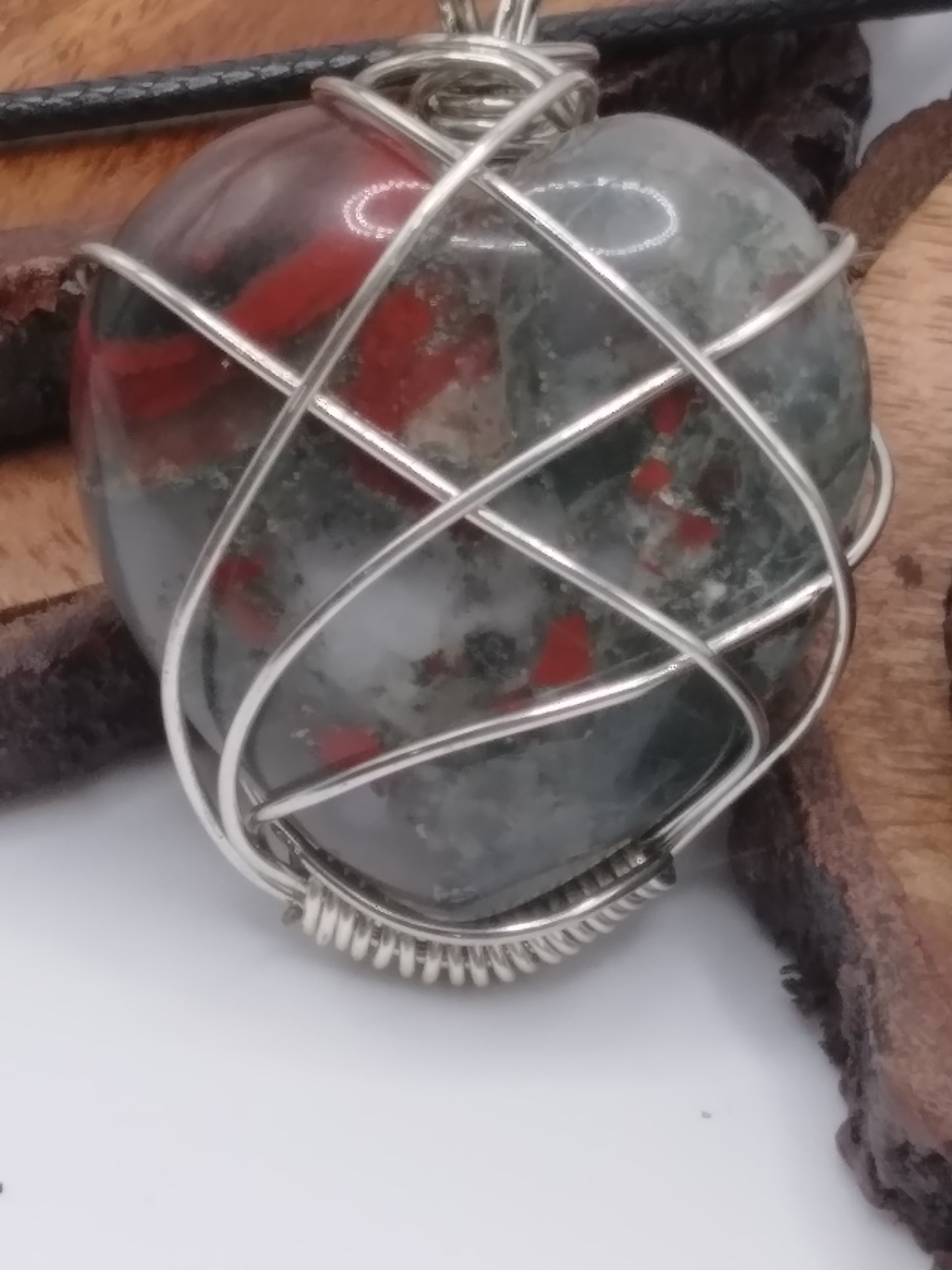 Bloodstone heart shaped wire wrapped necklace