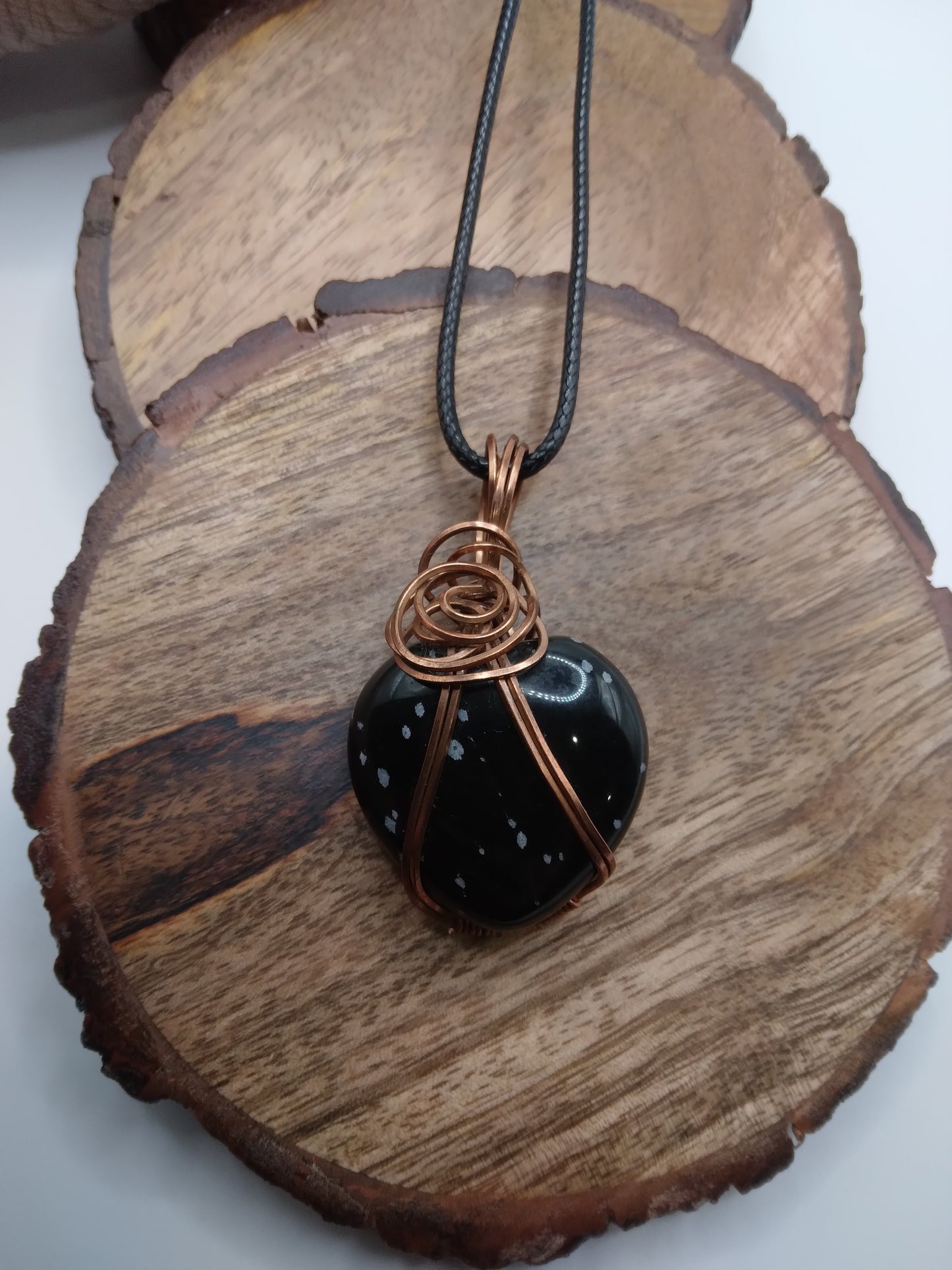 Snowflake Obsidian heart wire wrapped necklace