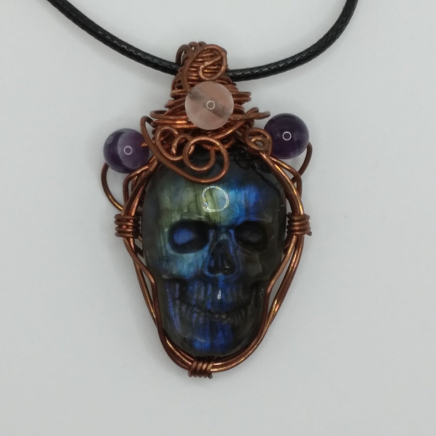 Labradorite flashy skull with Rose Quartz and Amethyst beads wire wrapped necklace