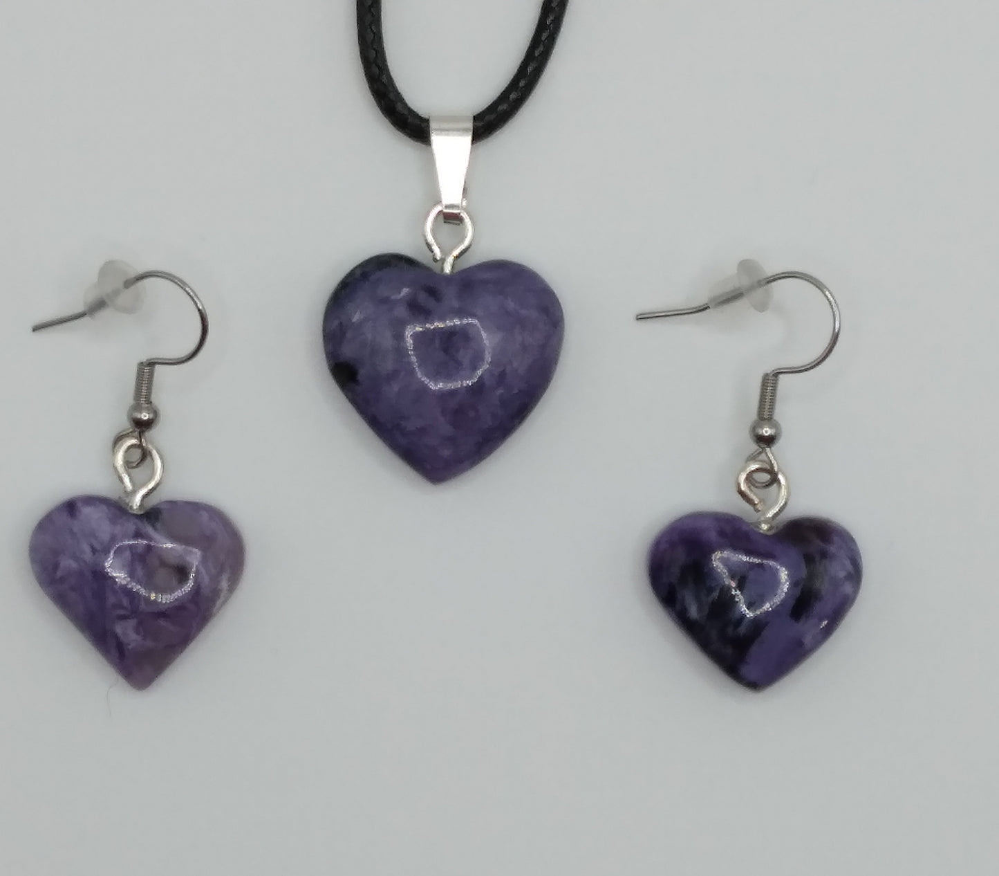 Charoite heart shaped necklace and earrings set